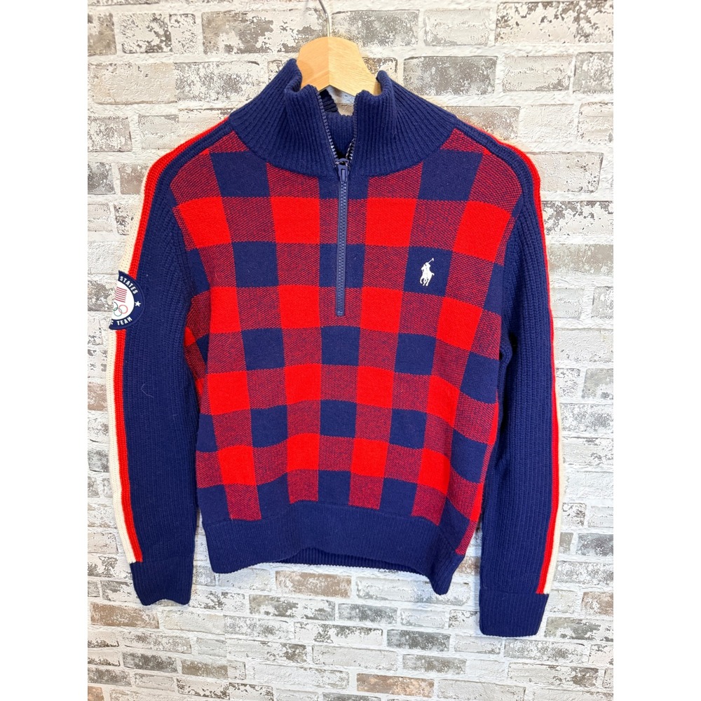 Polo Ralph Lauren Team USA 2022 Olympic Sweater Womens XS Red Navy Buffalo Check